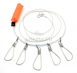 Кукан Namazu металлический трос 2,5 м, d-1,5 мм 5 карабинов на пружине, с поплавком уп. пакет